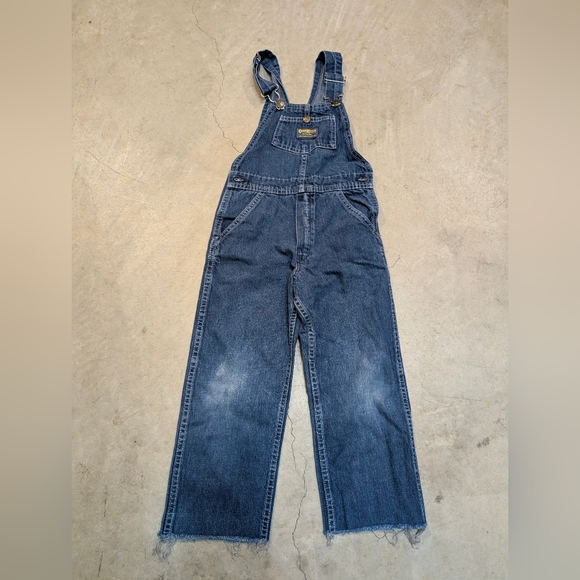VTG OshKosh Vestback Denim Overalls Girls 6? USA Made Cut Off Raw Hem - Picture 1 of 7